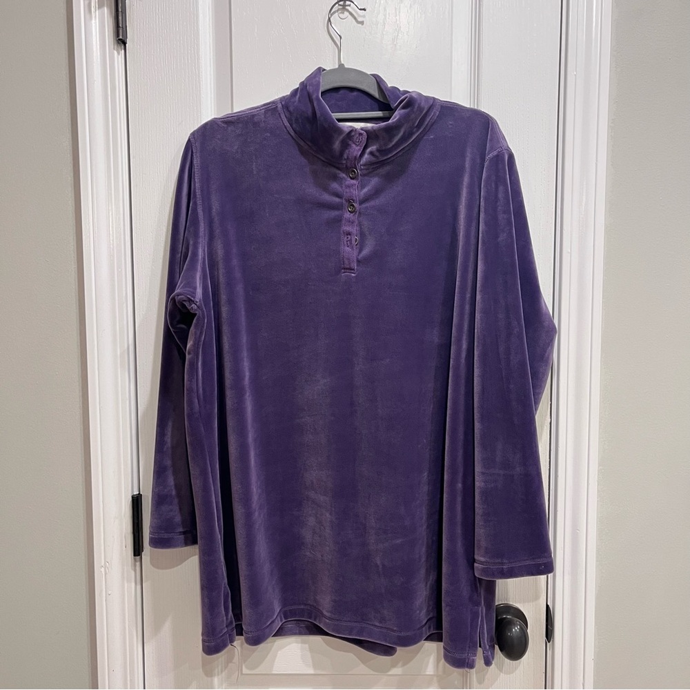 Coldwater Creek Purple Velour Velvet 1/4 Popover Pullover Cozy Fall Top Large